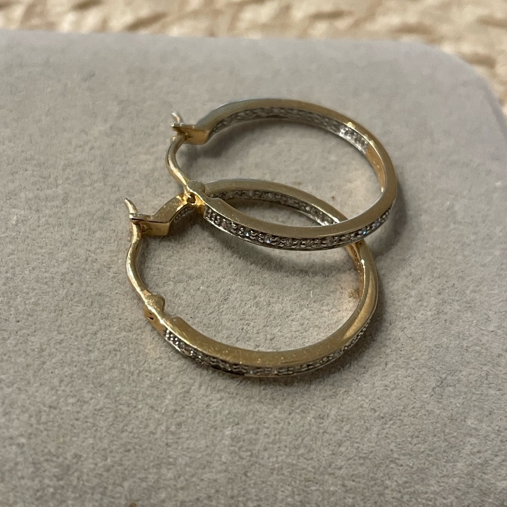 14K Vintage Solid Yellow Gold Diamond Hoop Earrings💎
